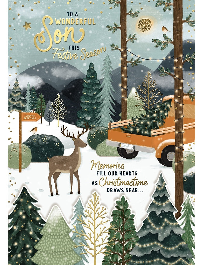Son Christmas Card - Deer In Festive Forest