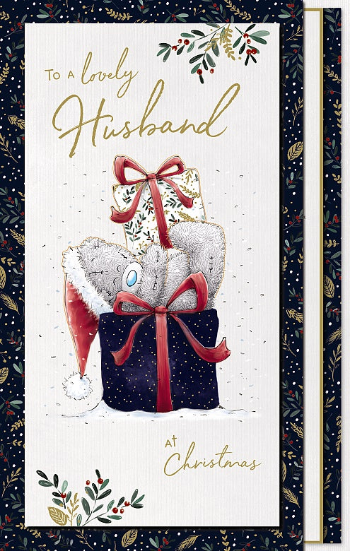 To A Lovely Husband Christmas Card -  Bear Lying On Presents