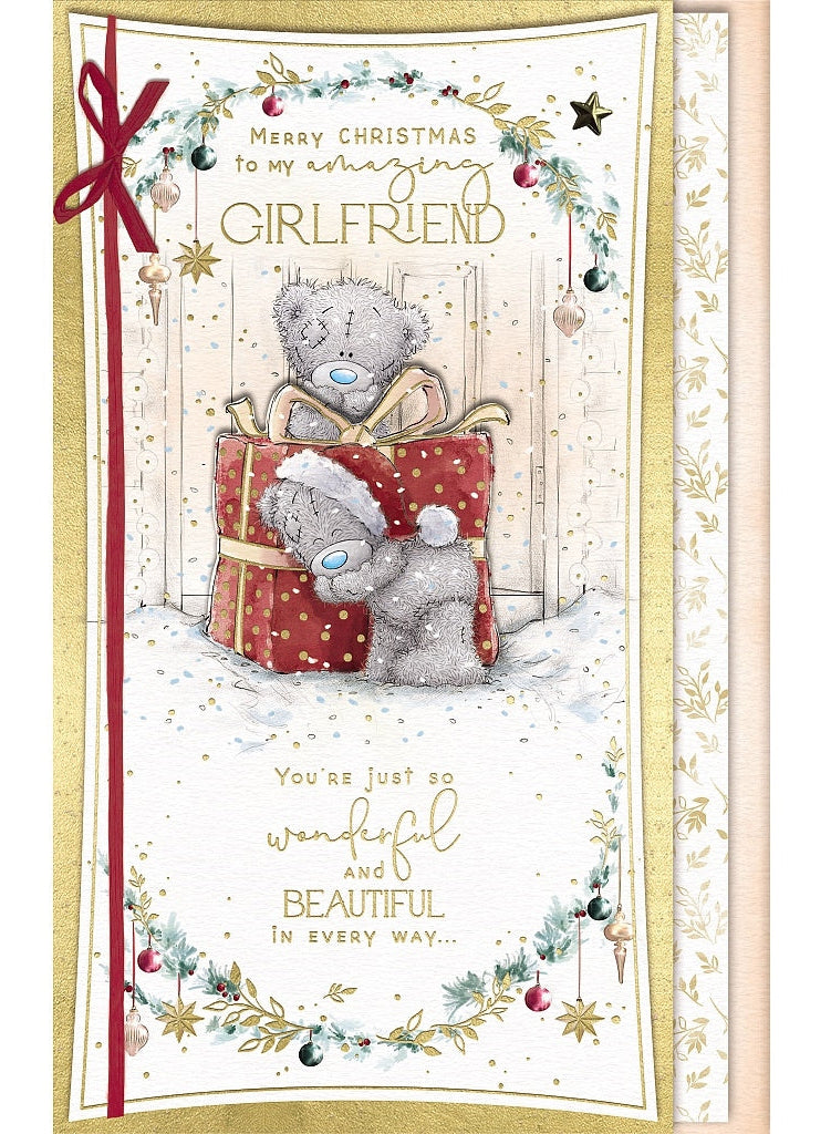 Girlfriend Christmas Card - Bear Hiding Behind Present