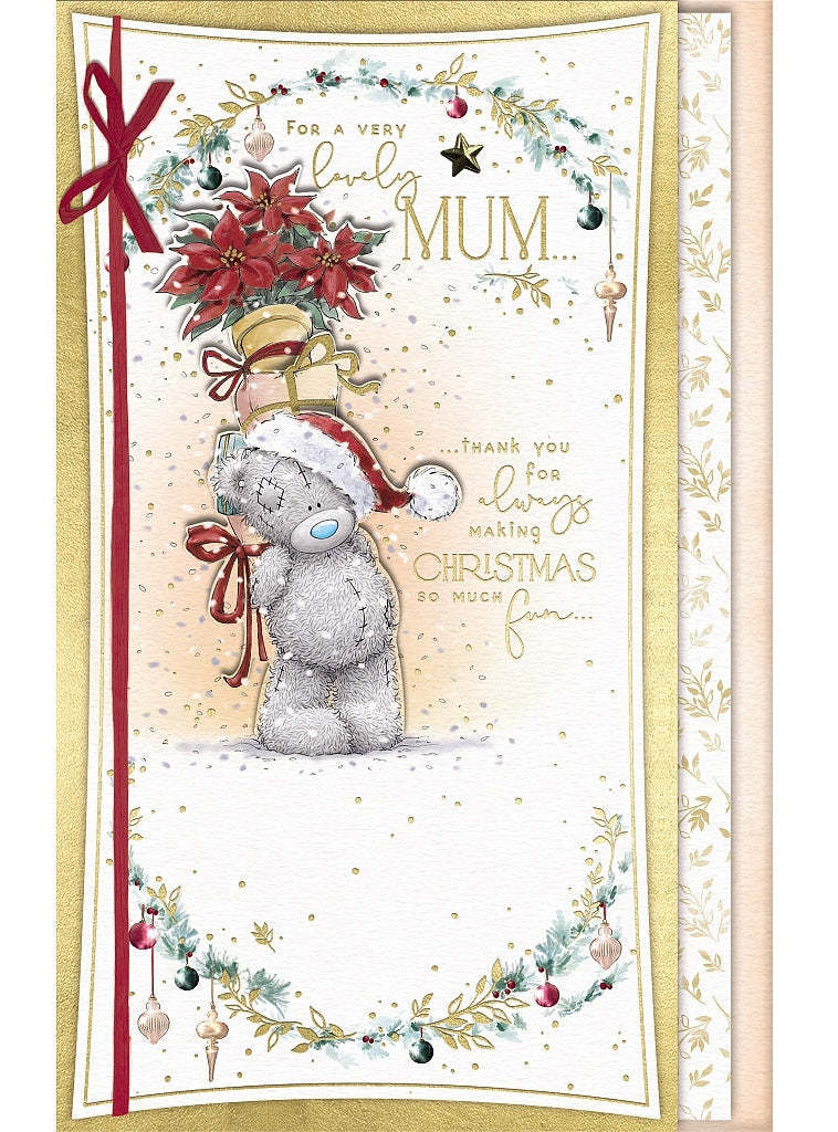 Mum Christmas Card - Bear With Gifts And Poinsettia