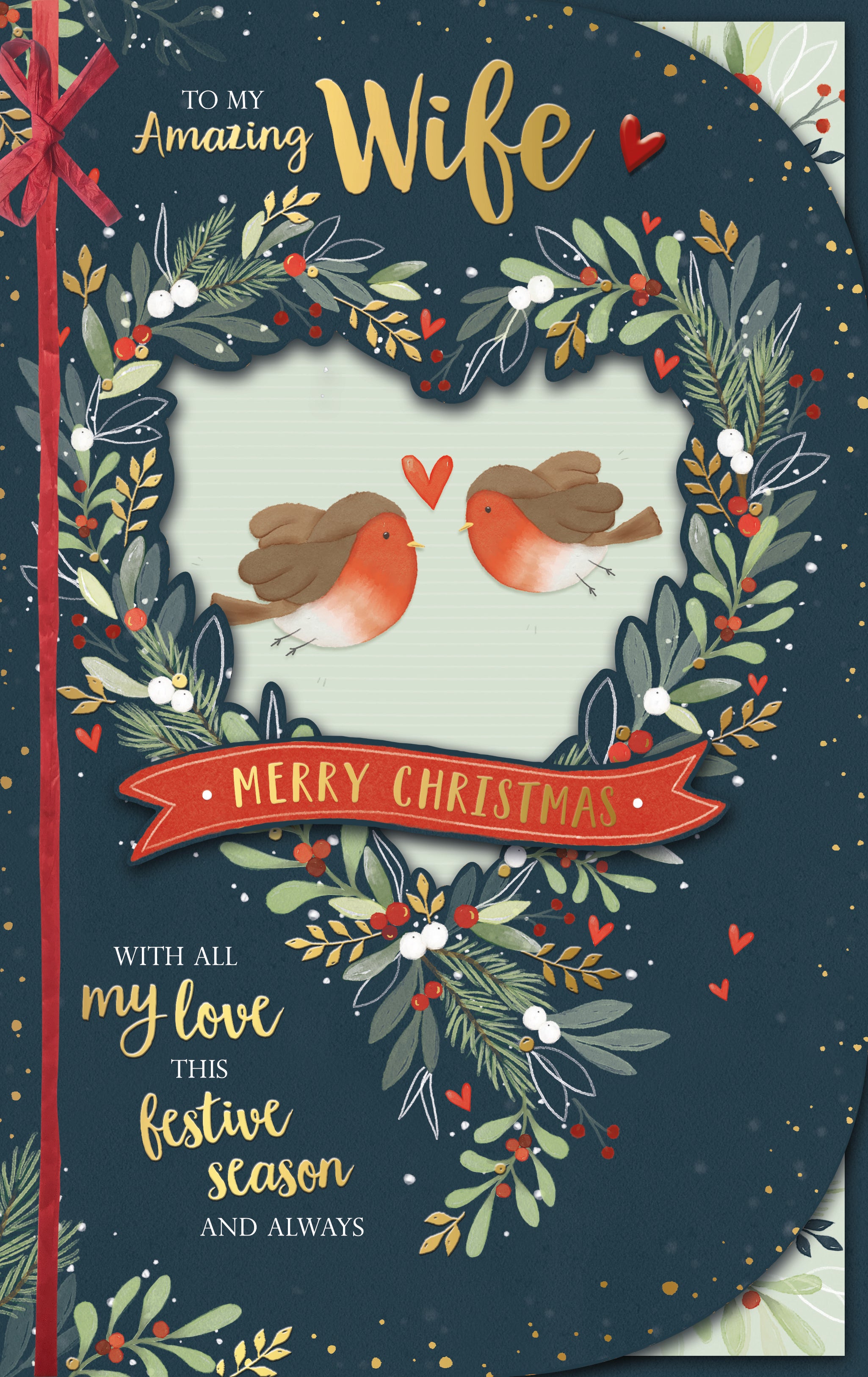 Wife Christmas Card - Love Birds Inside Heart Wreath