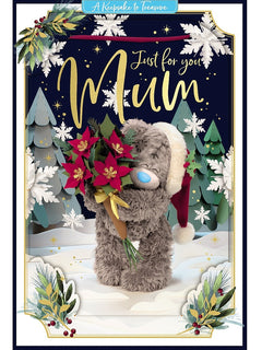 Mum Christmas Card - Bear Holding Poinsettia Bouquet