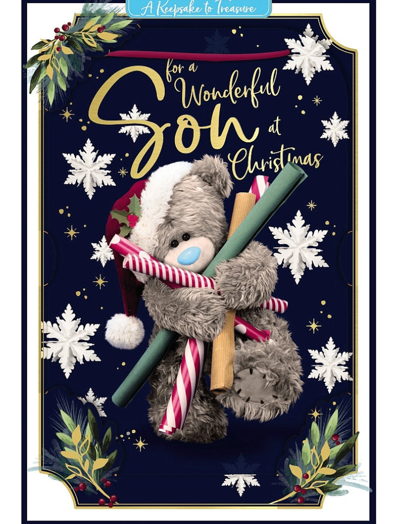 Son Christmas Card - Bear With Wrapping Paper