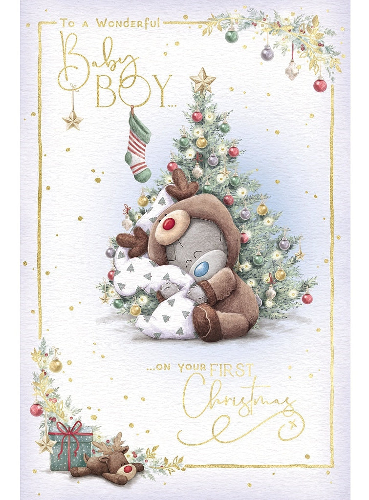 Baby Boy First Christmas Card - Bear In Reindeer Outfit By Tree