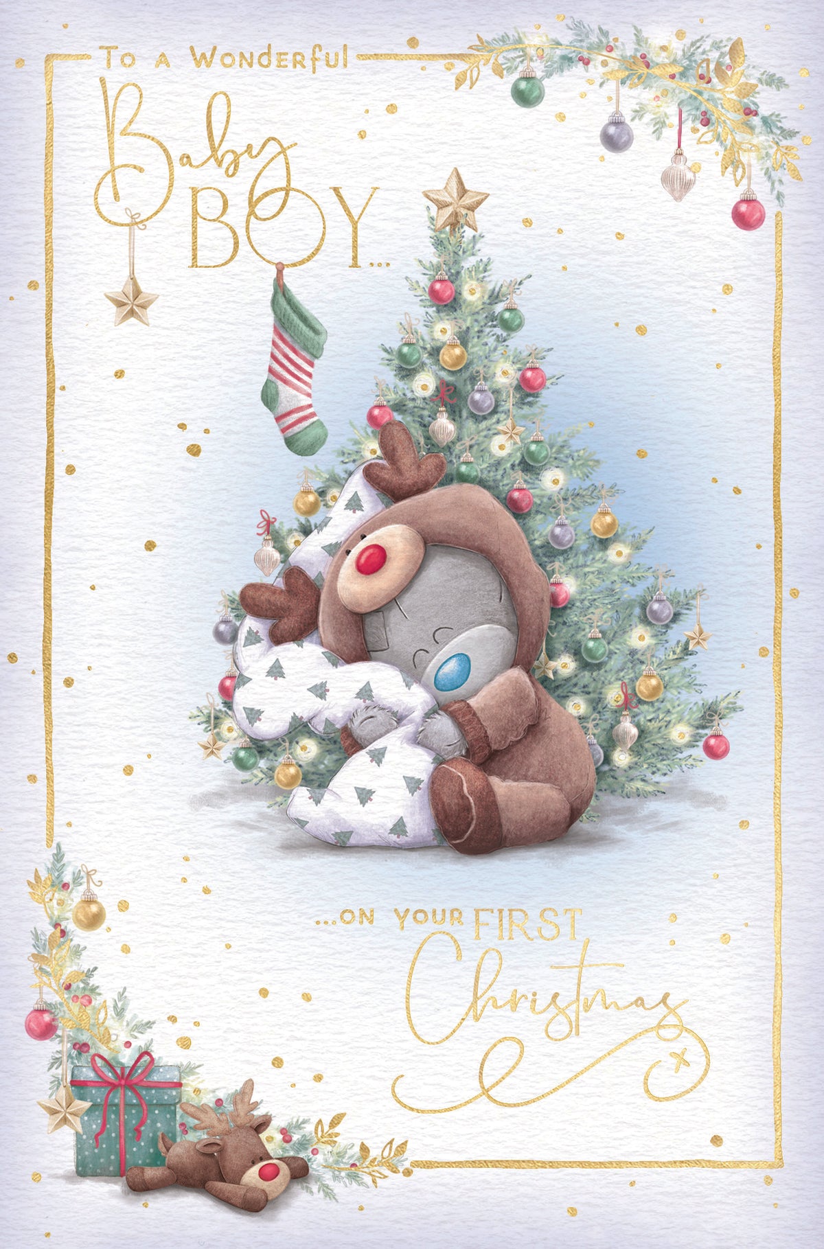 Baby Boy First Christmas Card - Bear In Reindeer Outfit By Tree