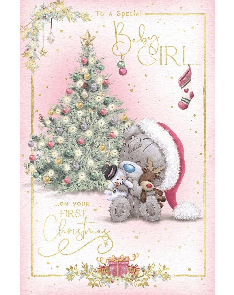 Baby Girl First Christmas Card - Bear With Snowman And Reindeer Toy