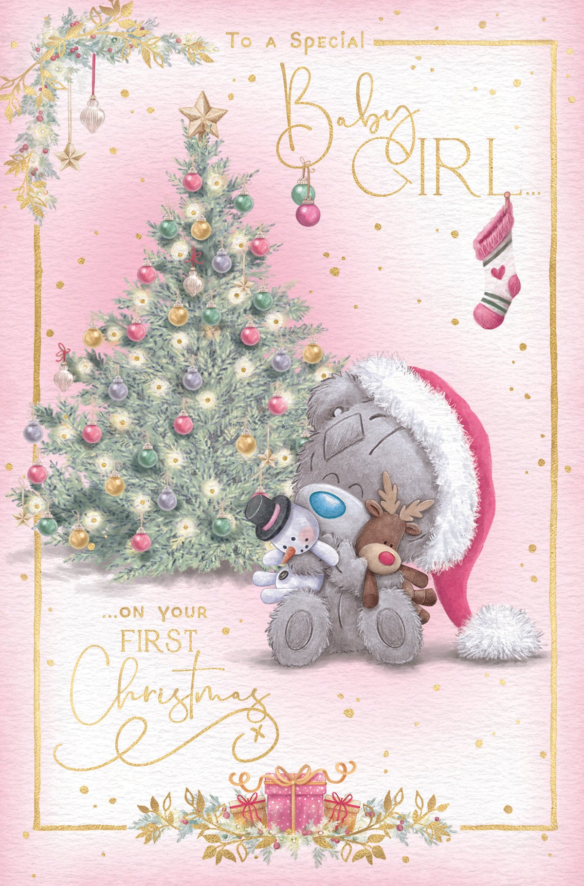 Baby Girl First Christmas Card - Bear With Snowman And Reindeer Toy