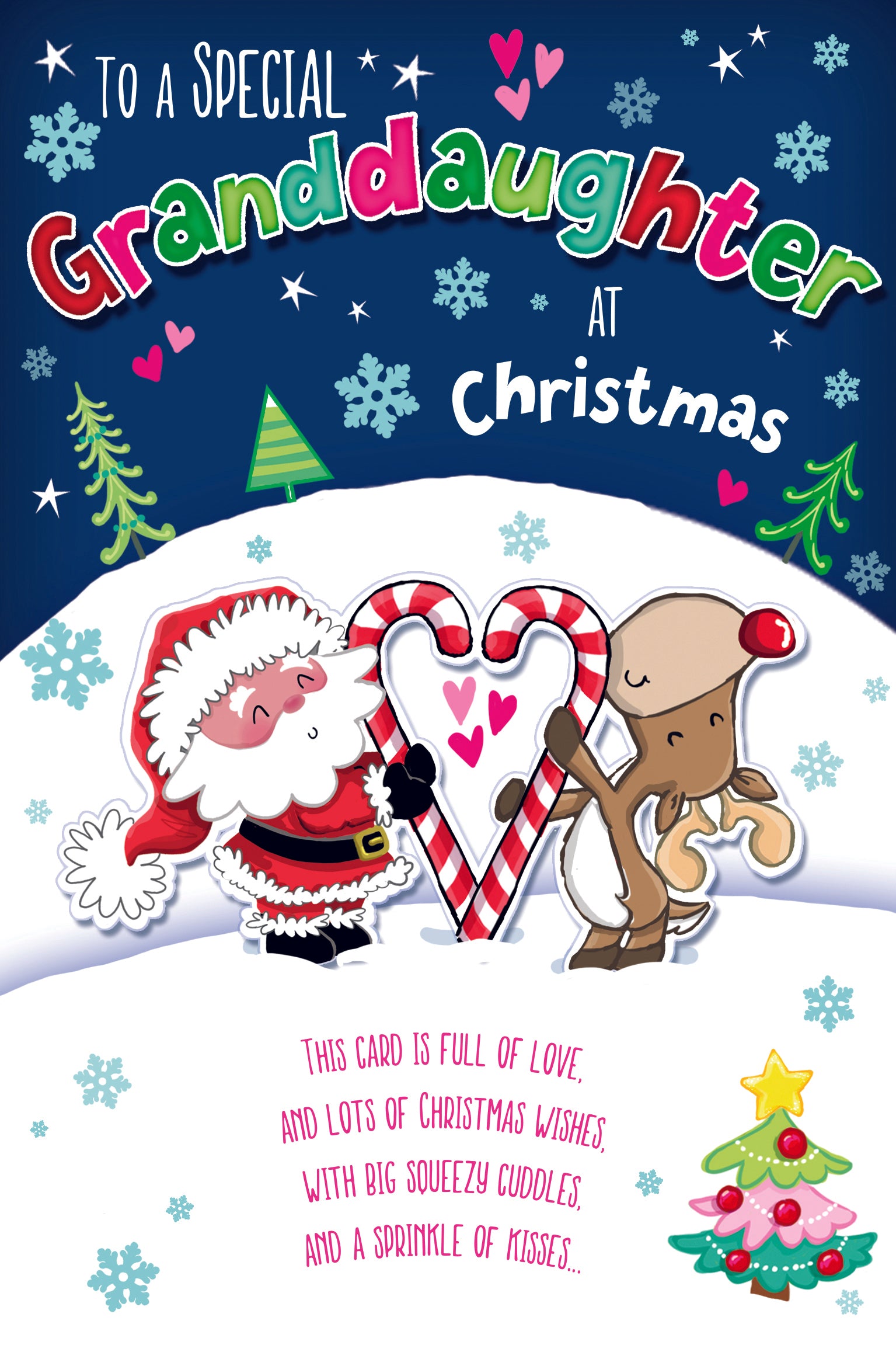 Granddaughter Christmas Card - Father Christmas And Reindeer With Candy Canes