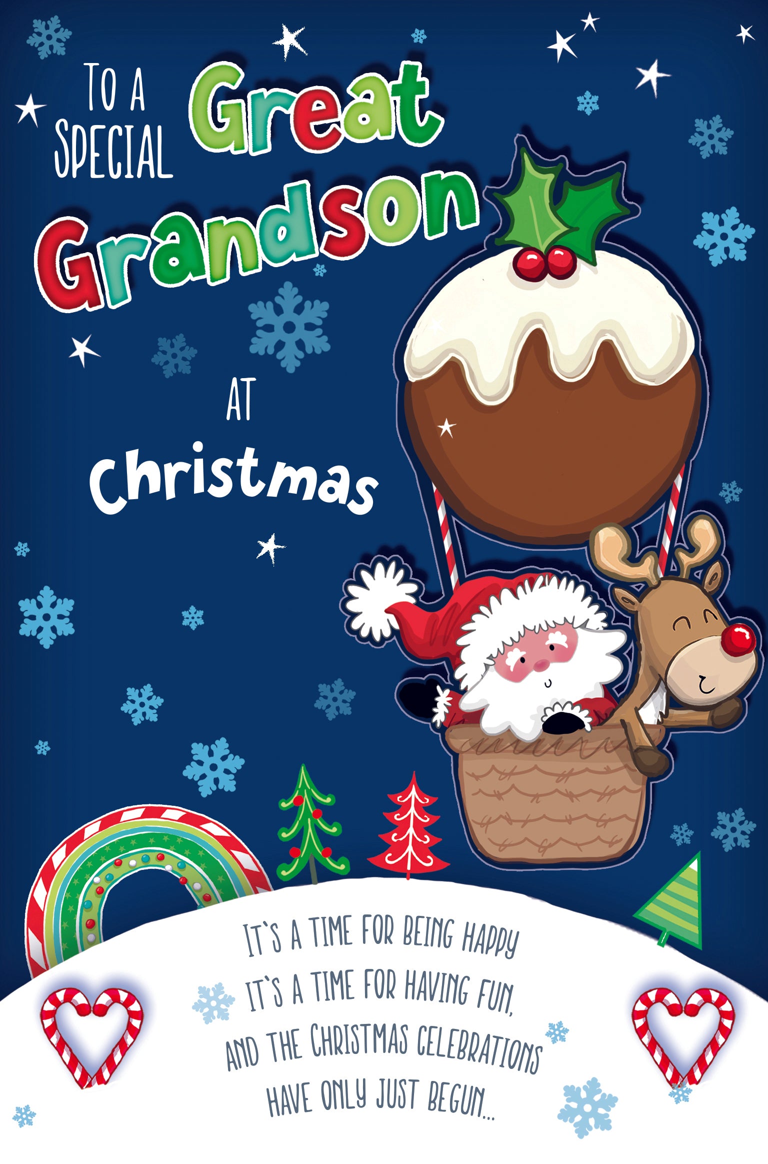 Great Grandson Christmas Card - Father Christmas And Reindeer In Hot Air Ball