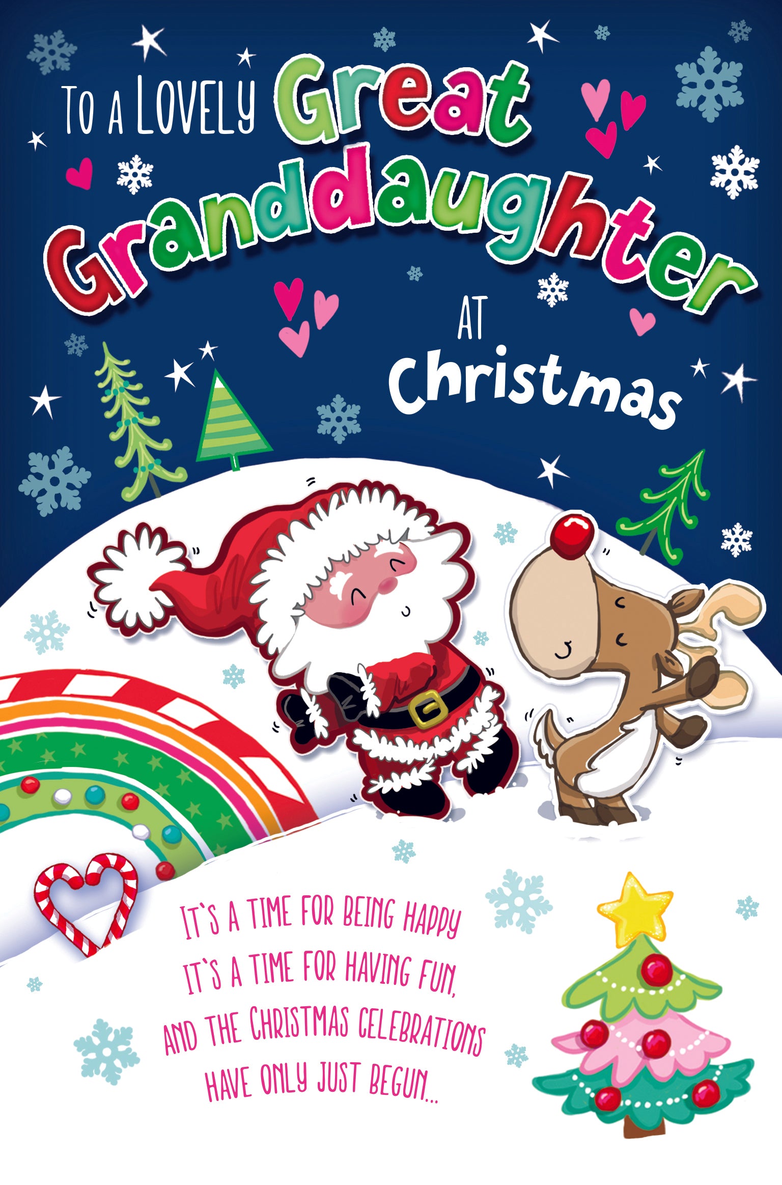 Great Granddaughter Christmas Card - Father Christmas And Reindeer Dancing
