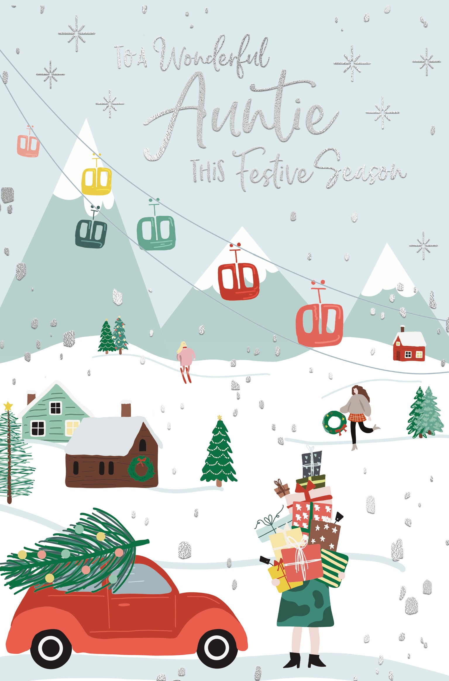 Auntie Christmas Card - Lady With Gifts And Car