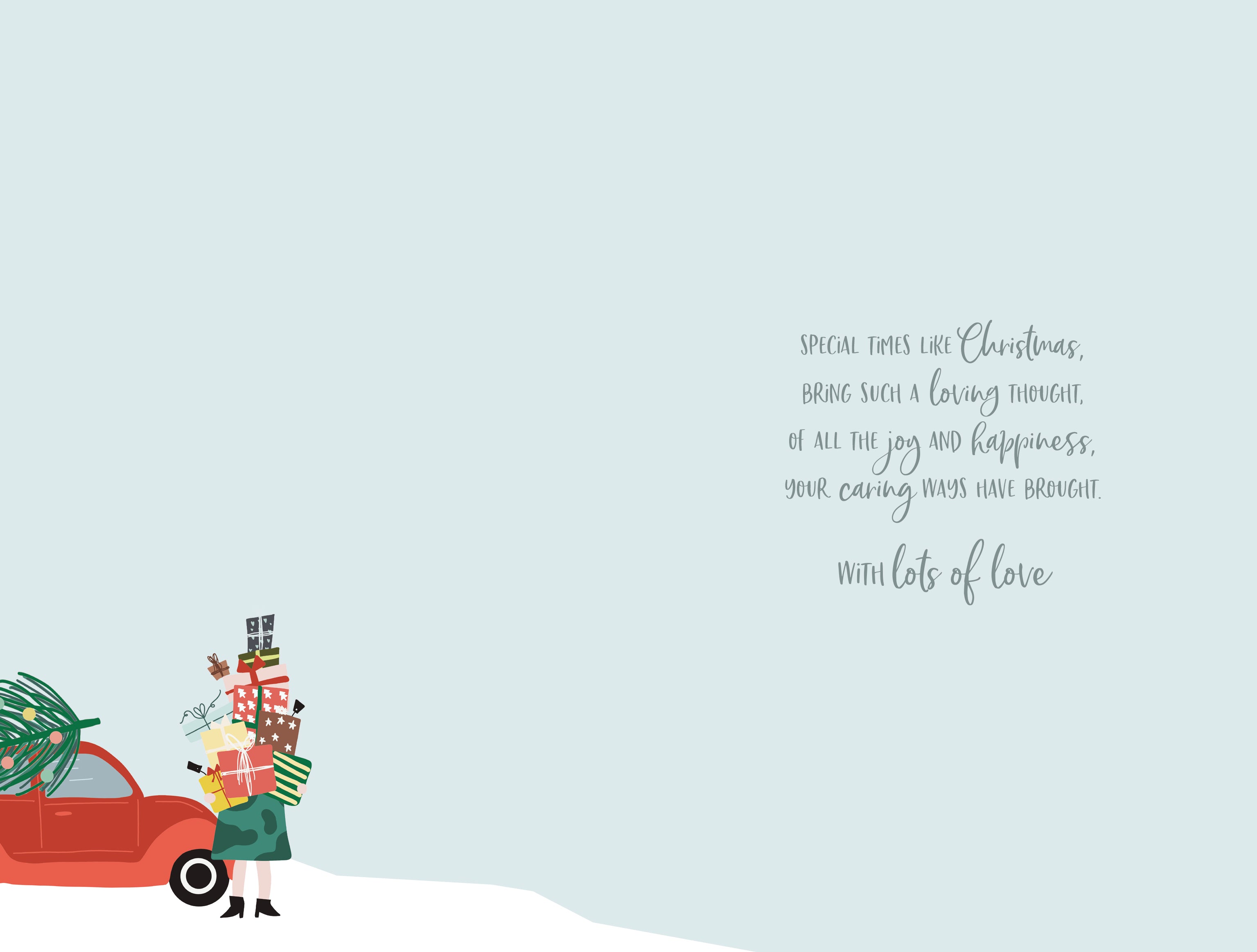 Auntie Christmas Card - Lady With Gifts And Car