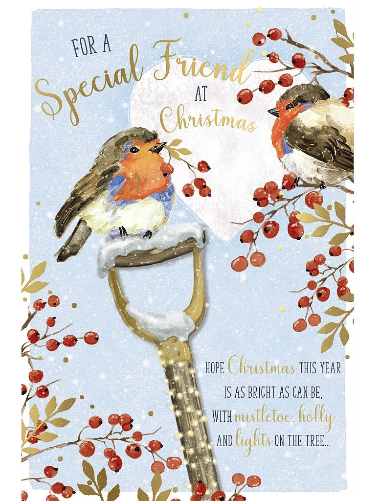 Friend Christmas Card - Robin On Garden Fork