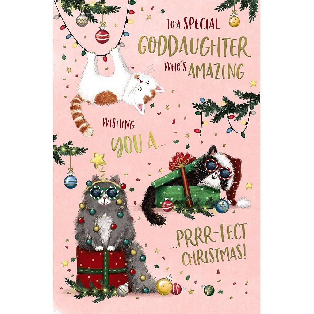 Goddaughter Christmas Card - Cats With Xmas Decorations