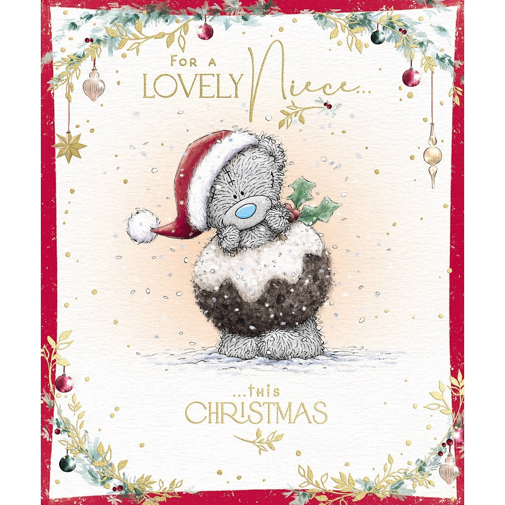 Niece Christmas Card - Bear In Christmas Pudding Outfit