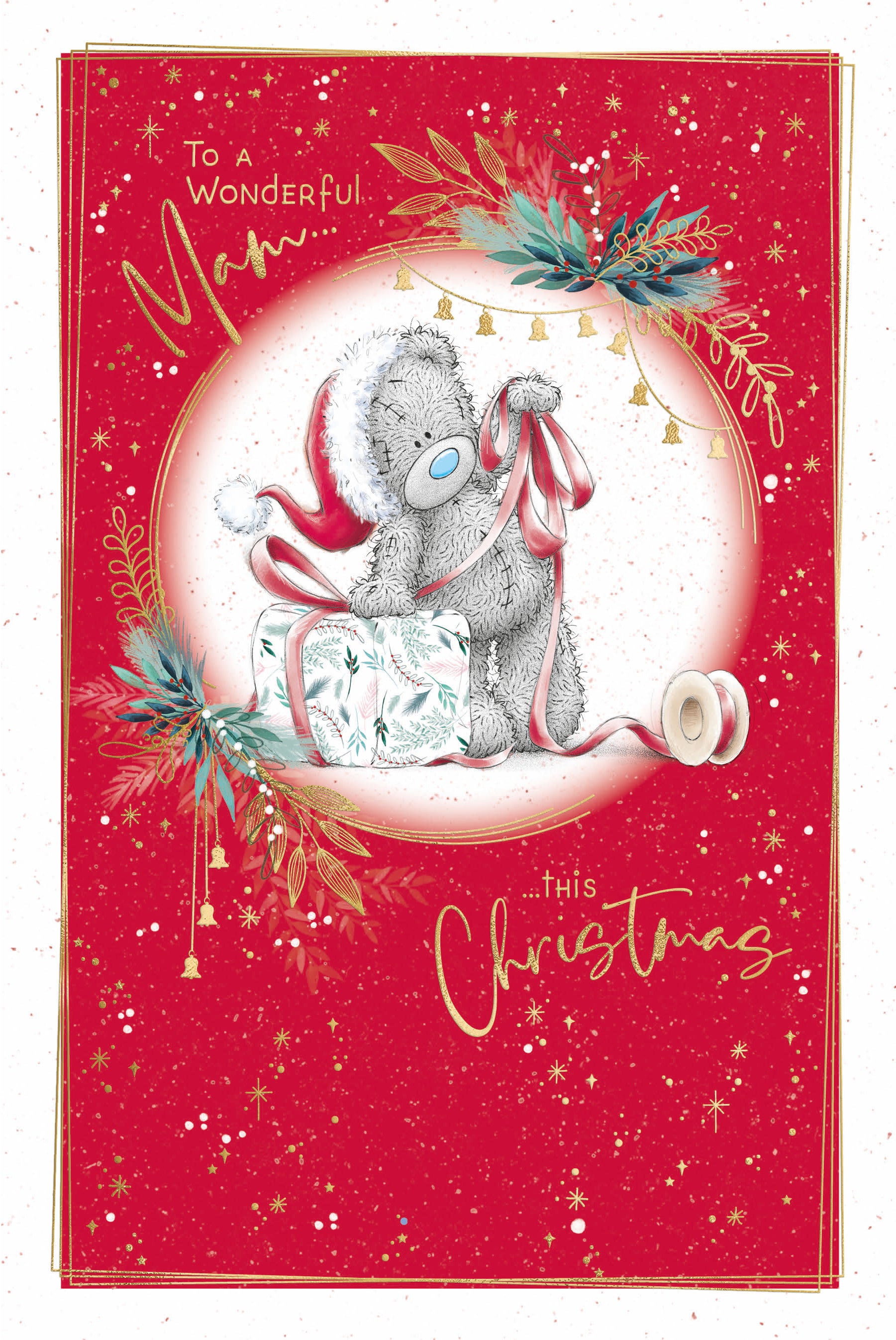 Mam Christmas Card - Bear Wrapping Present