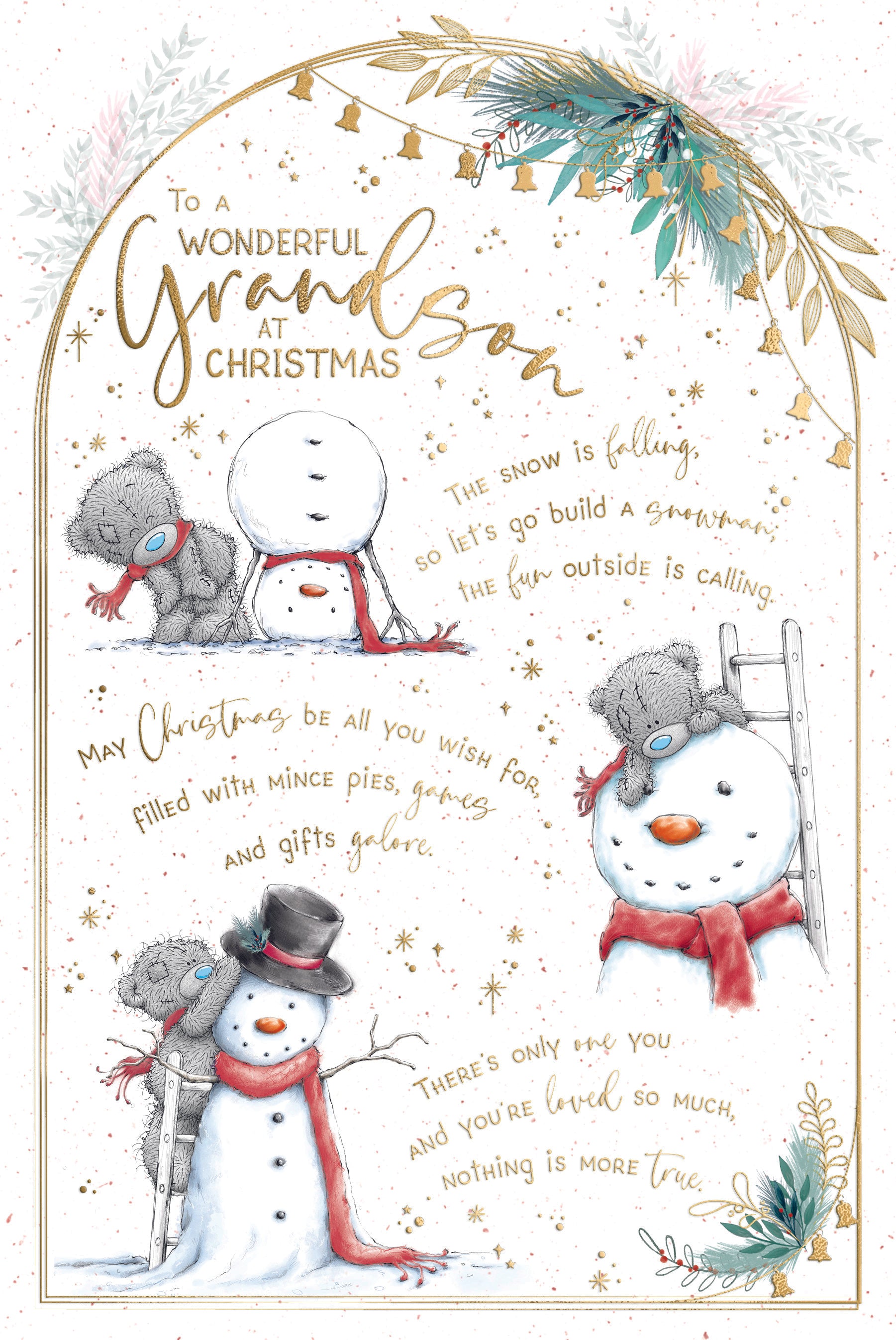 Grandson Christmas Card - Bear building Snowman