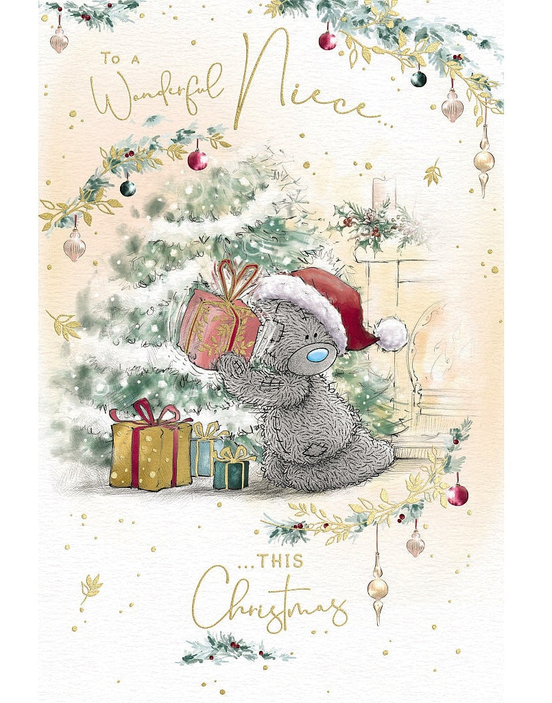 Niece Christmas Card - Bear Holding Up Present
