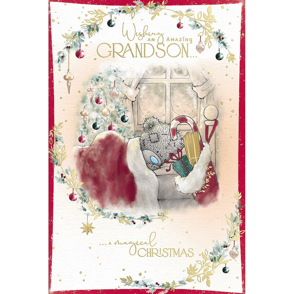 Grandson Christmas Card - Bear In Bed By Stocking