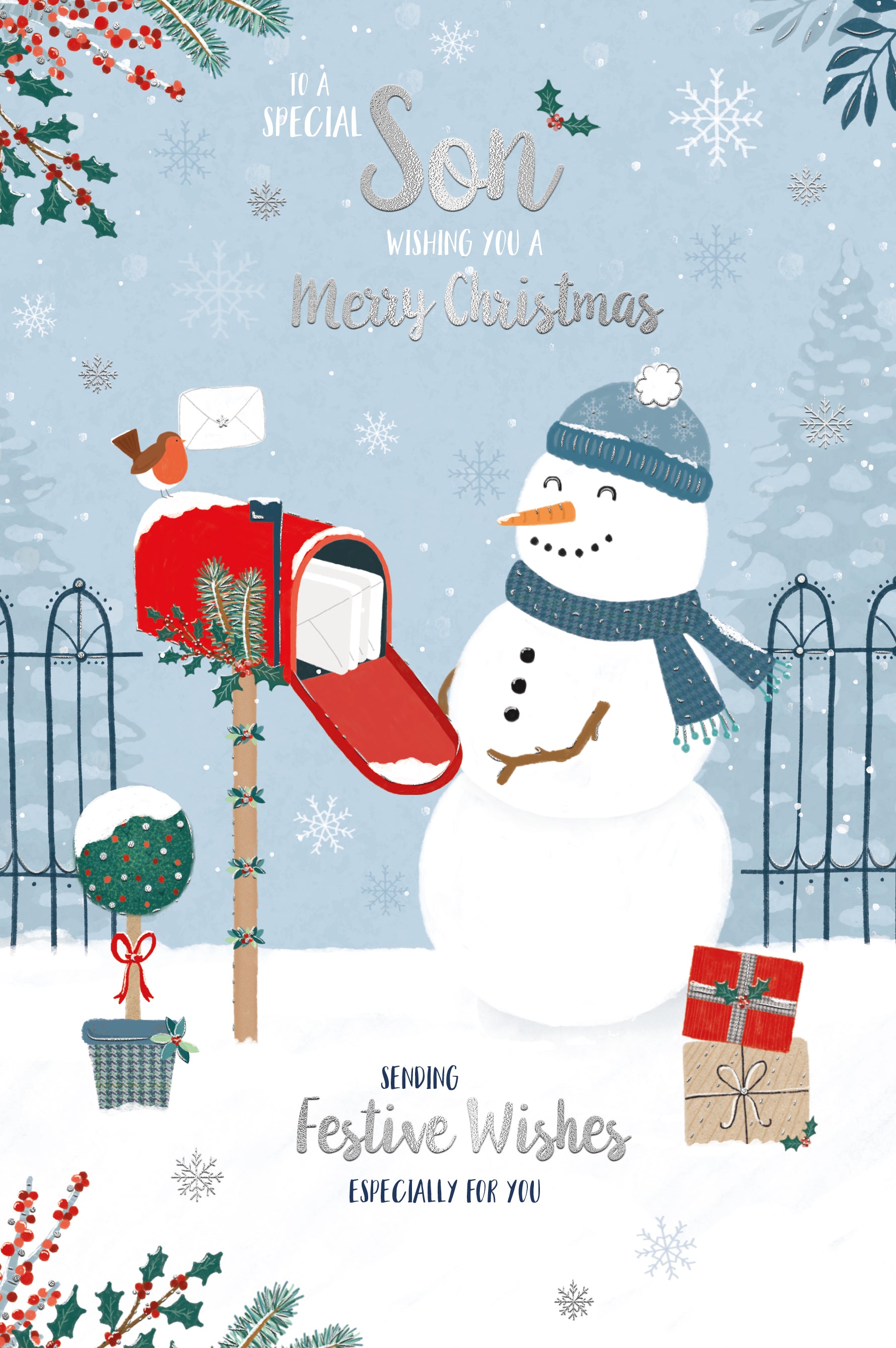 Son Christmas Card - Snowman And Postbox