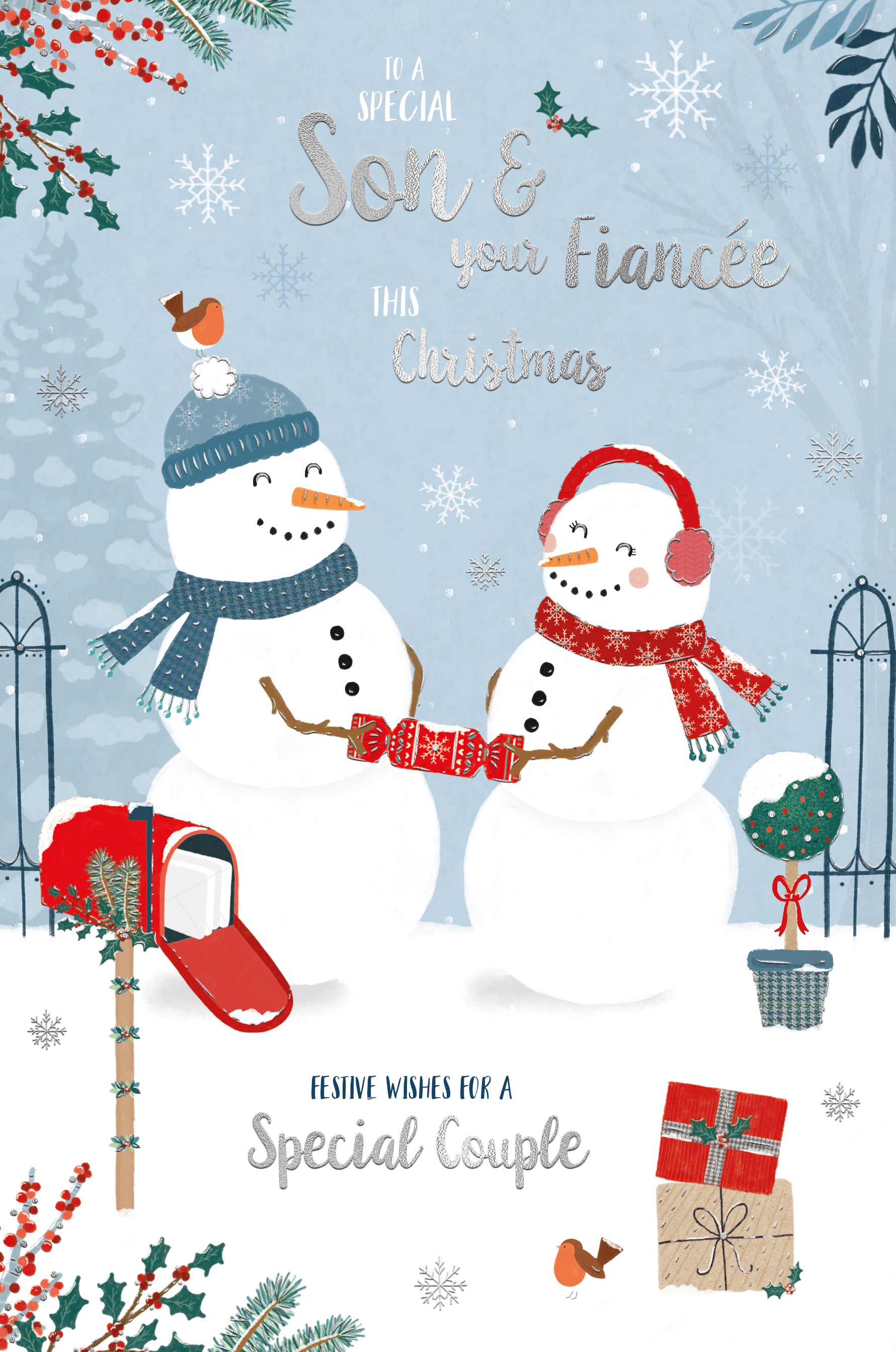 Son & Fiancee Christmas Card - Snowpeople And Cracker