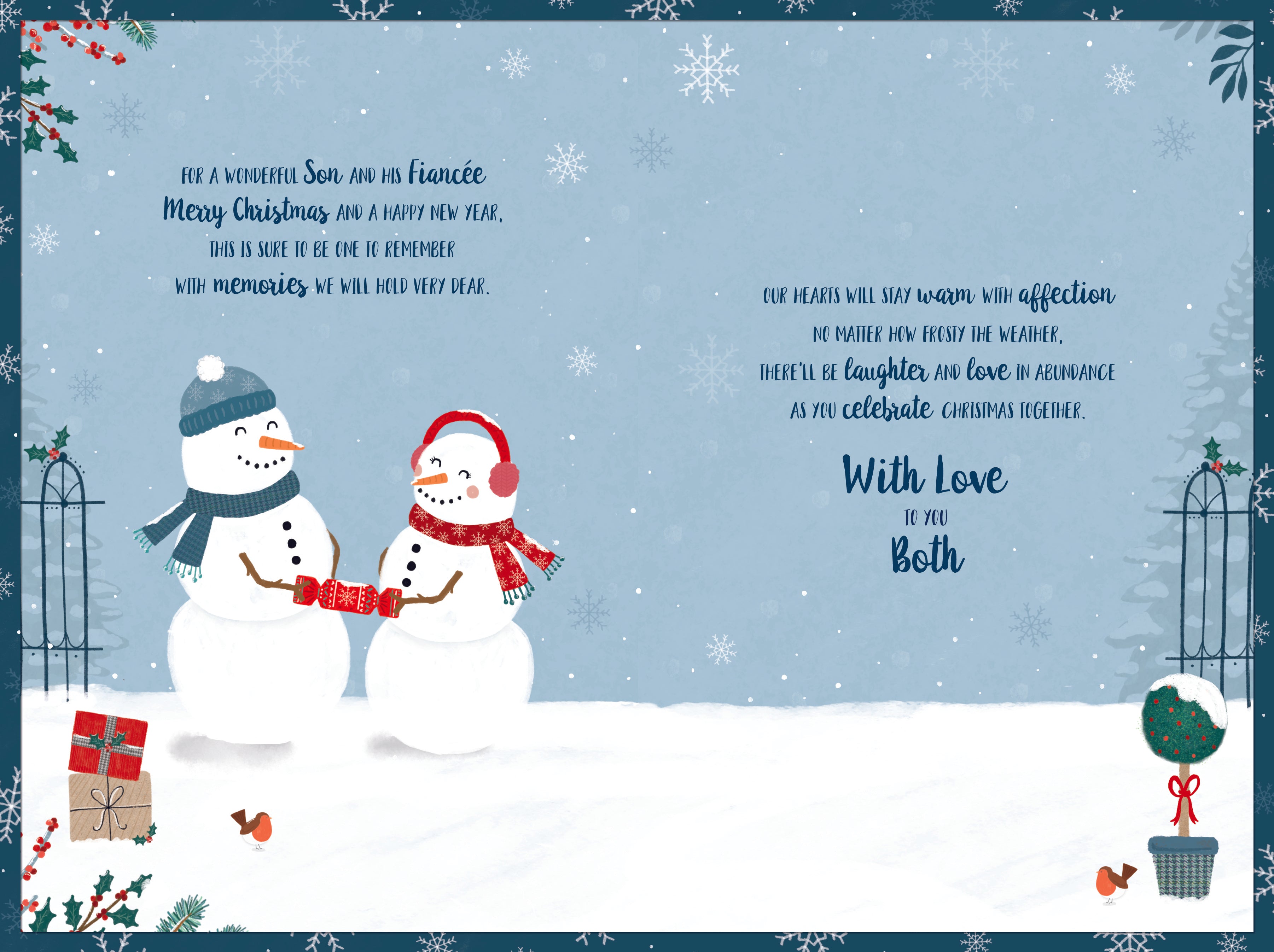 Son & Fiancee Christmas Card - Snowpeople And Cracker