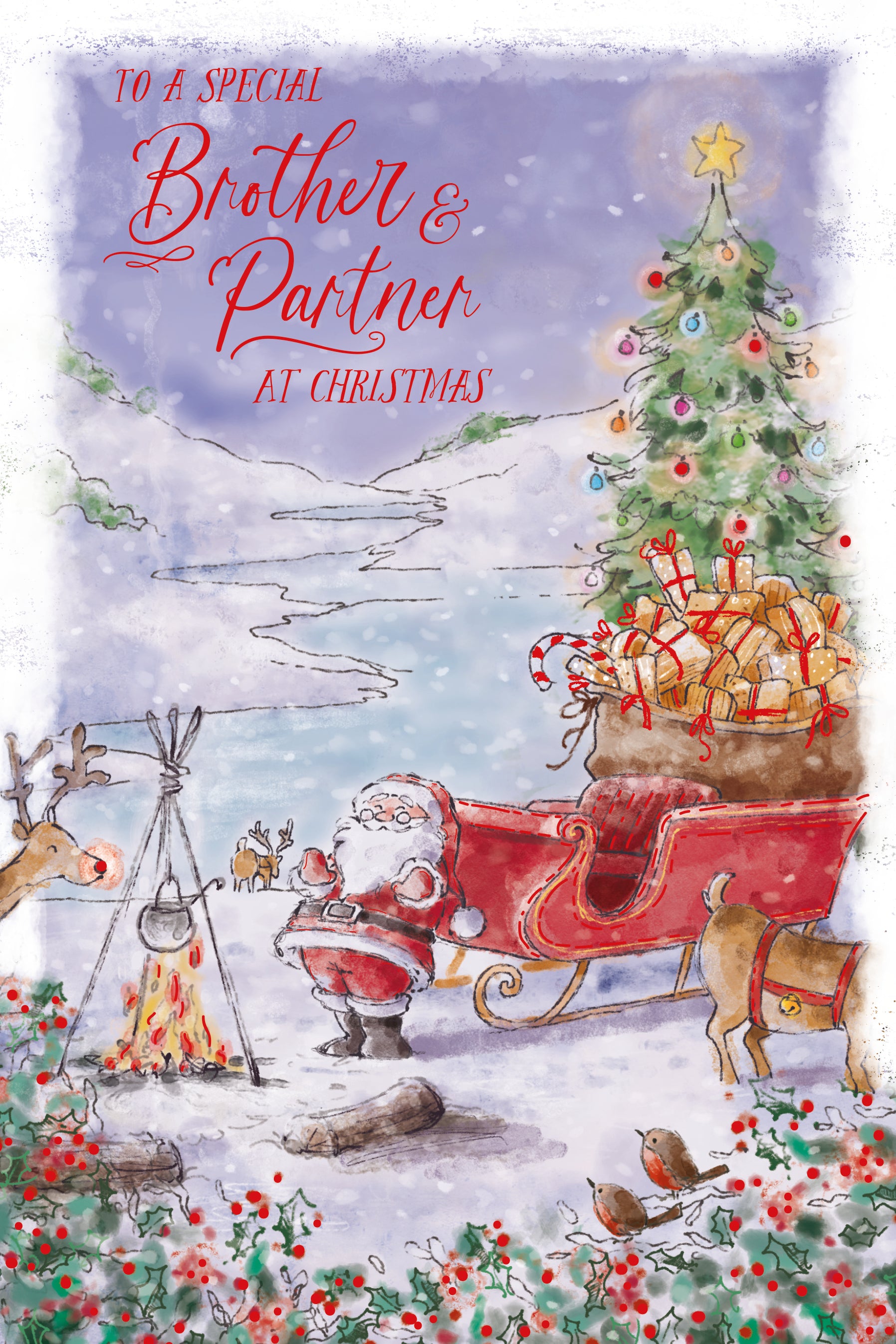 Brother And Partner Christmas Card - Santa And Fire