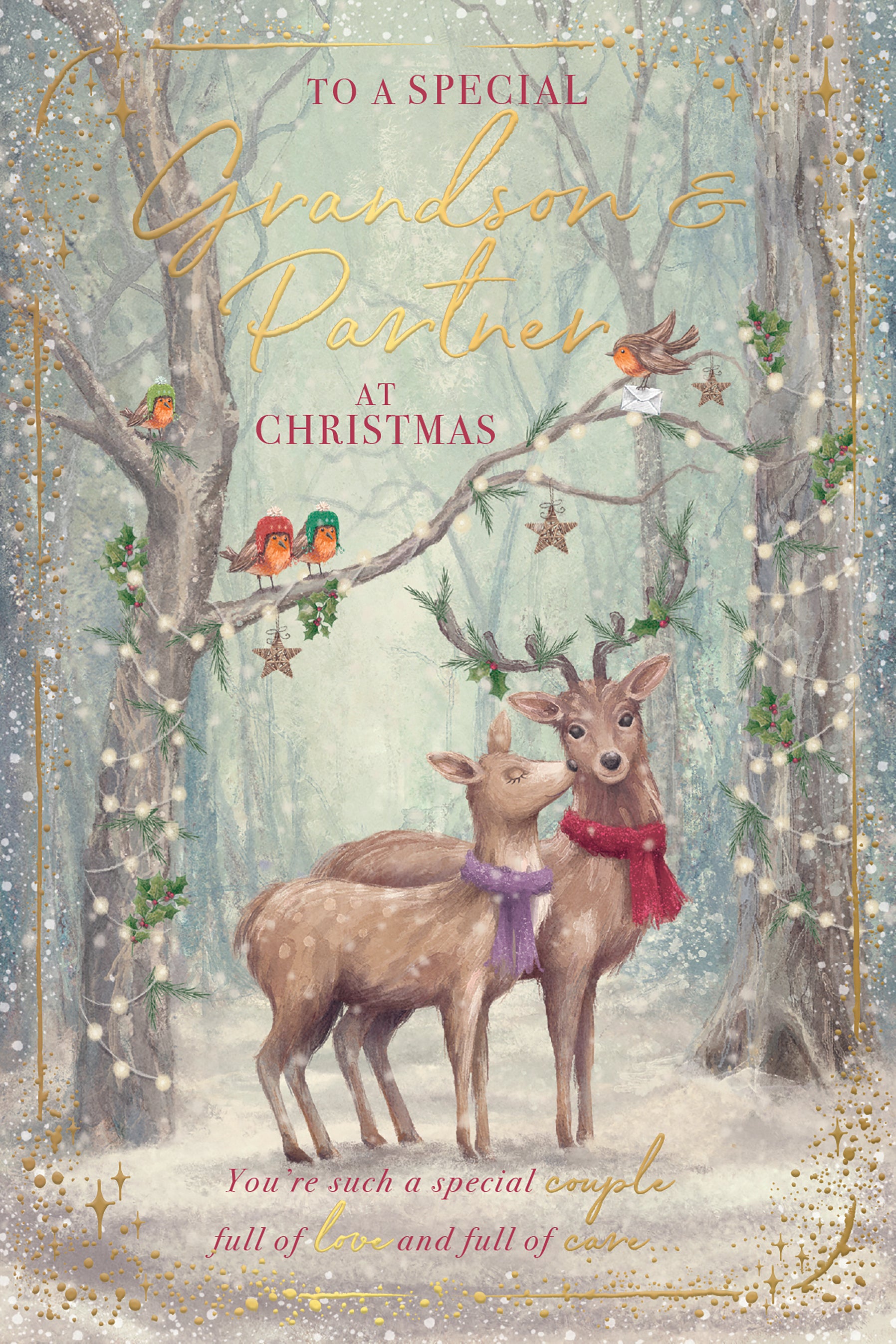 To A Special Grandson & Partner At Christmas Card - Two Deers In