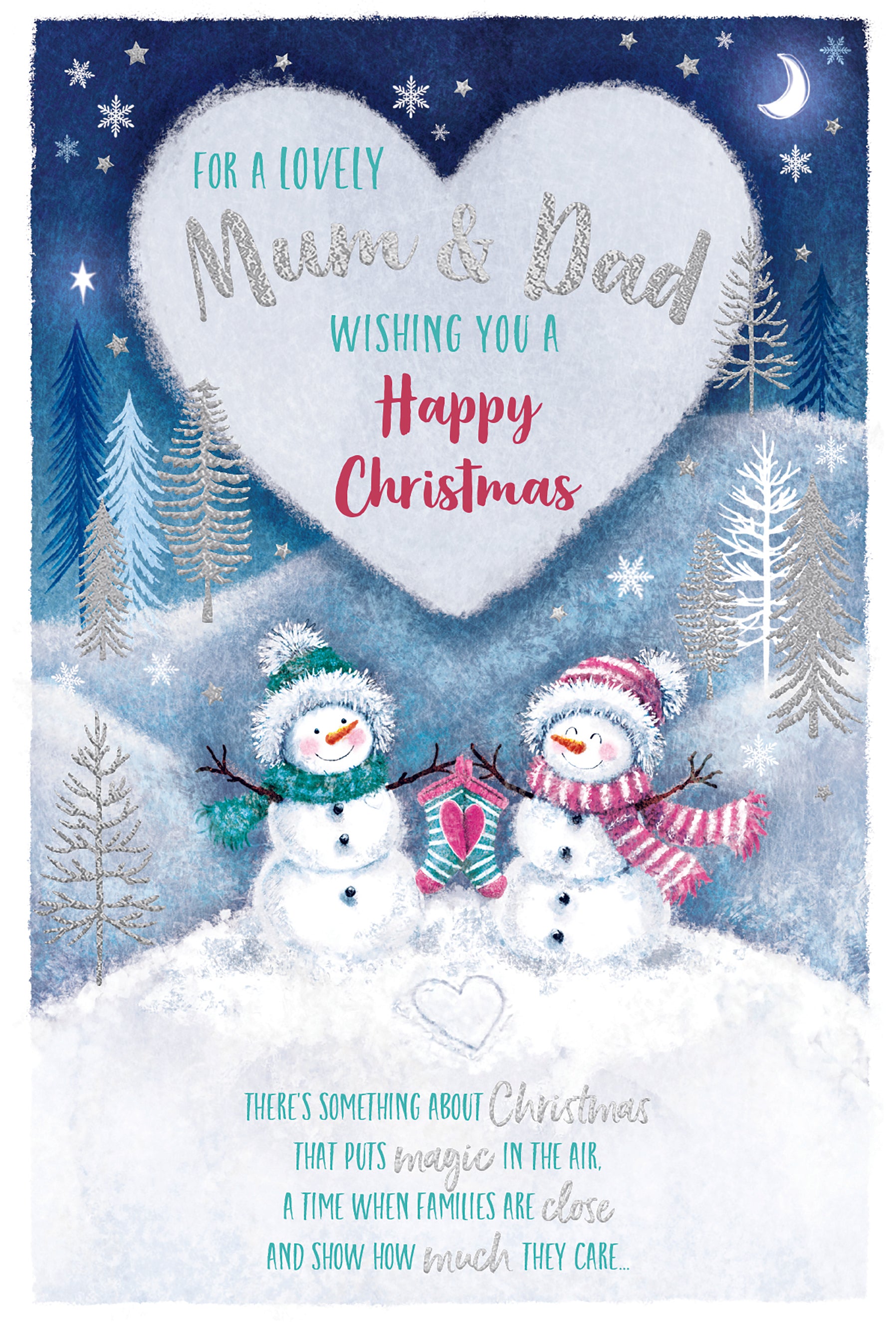 Mum And Dad Christmas Card - Snow Couple And Stockings