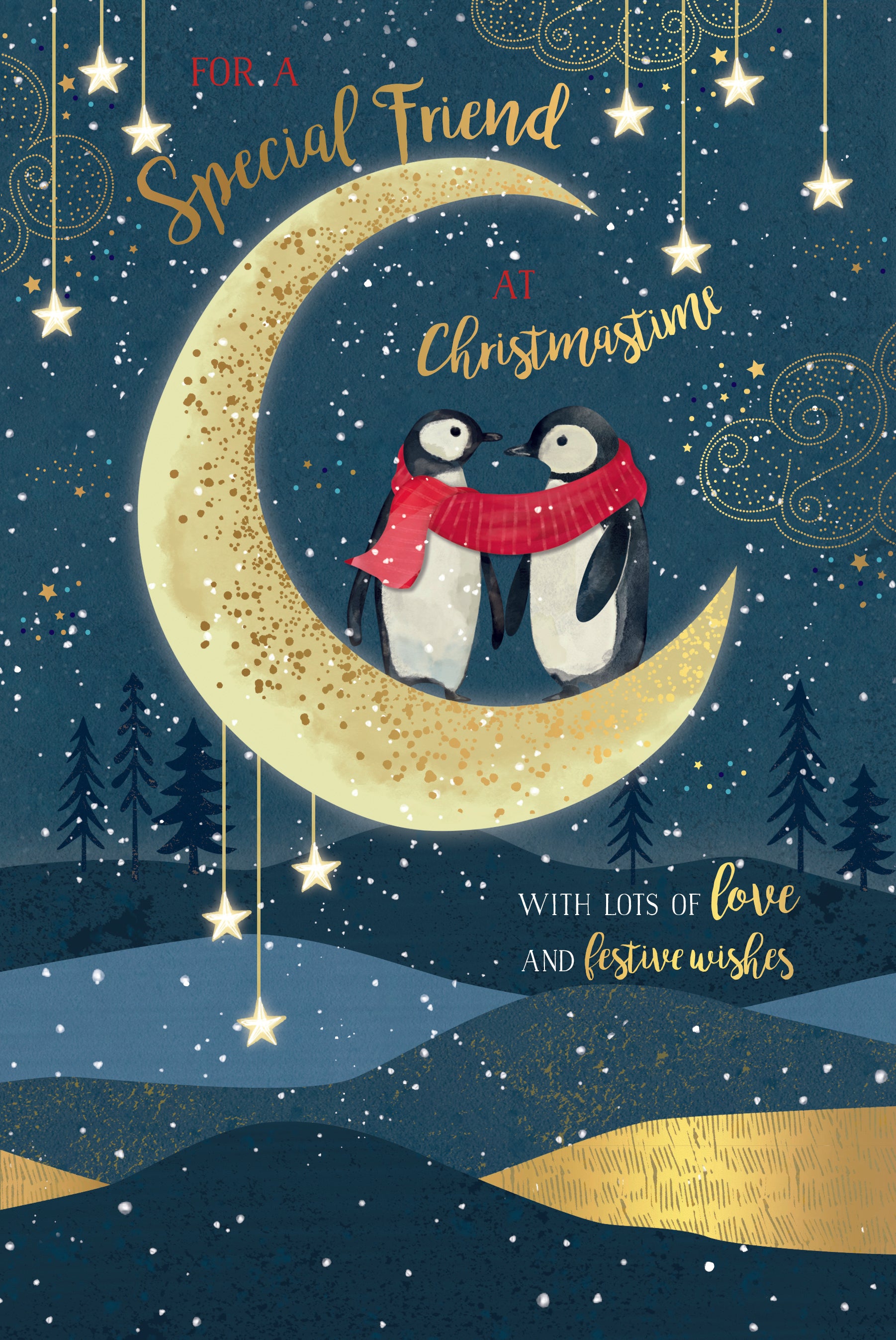 Special Friend Christmas Card - Penguins Stood On Moon