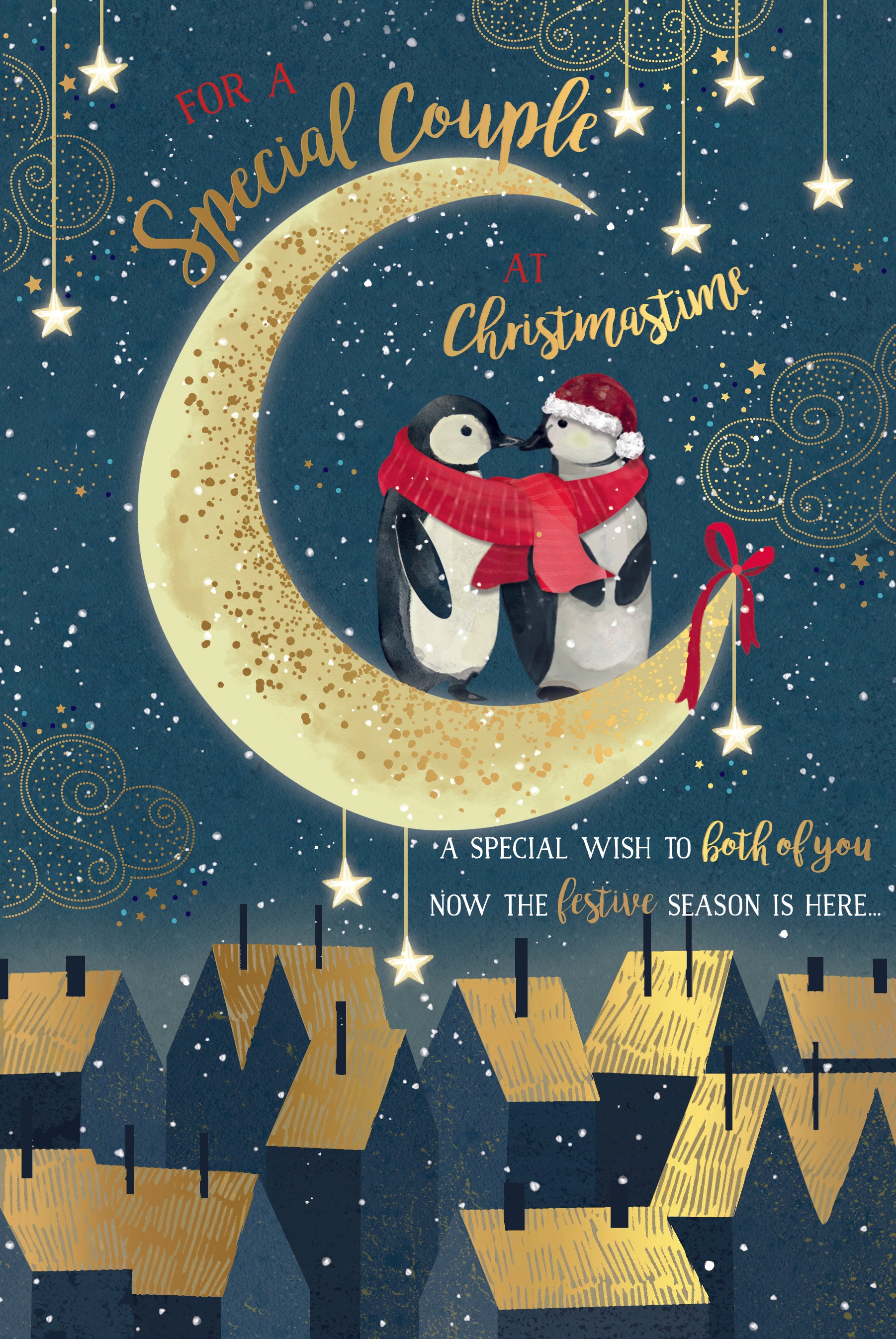 Special Couple Christmas Card - Penguins Stood On Moon