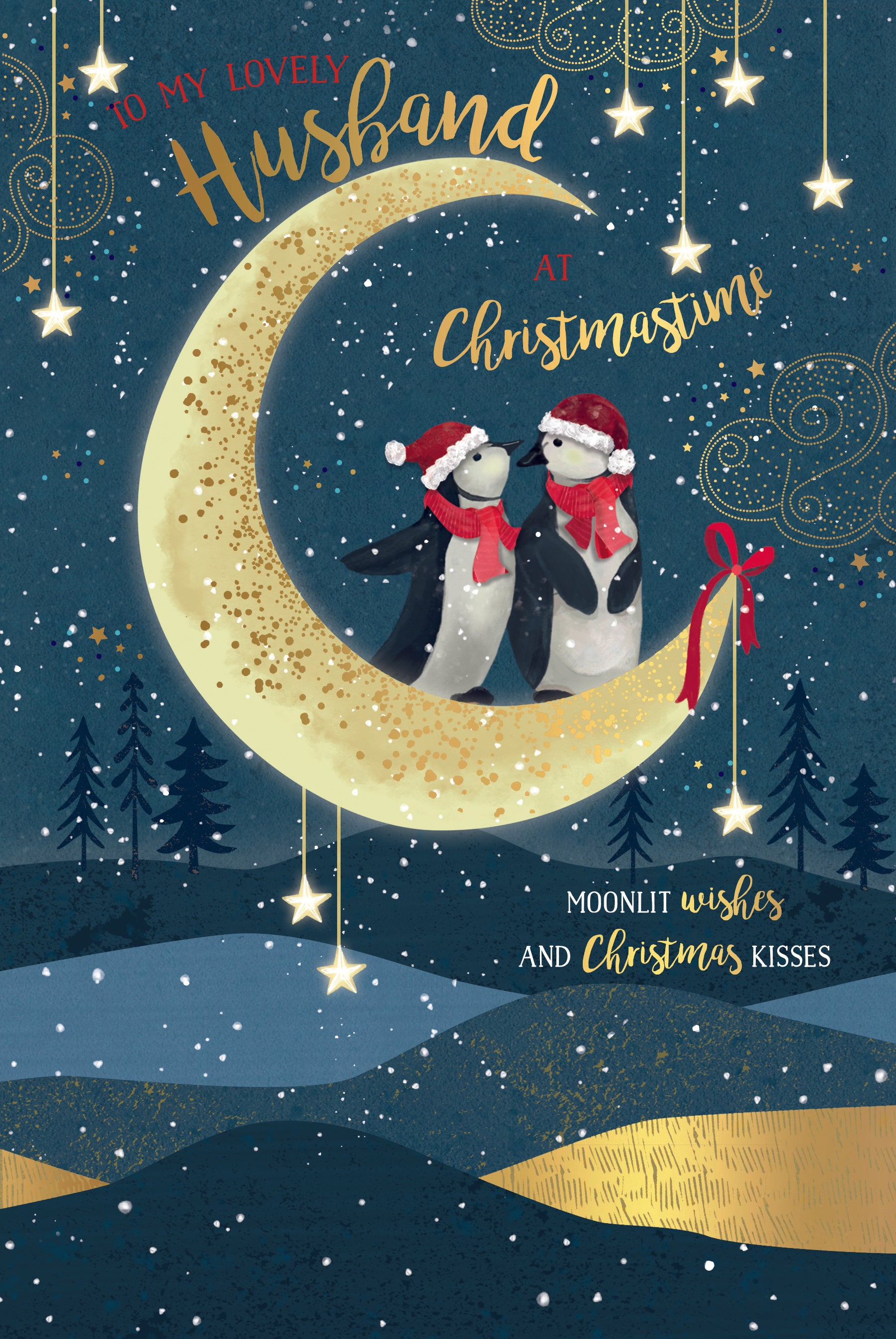 Husband Christmas Card - Penguins Stood On Moon