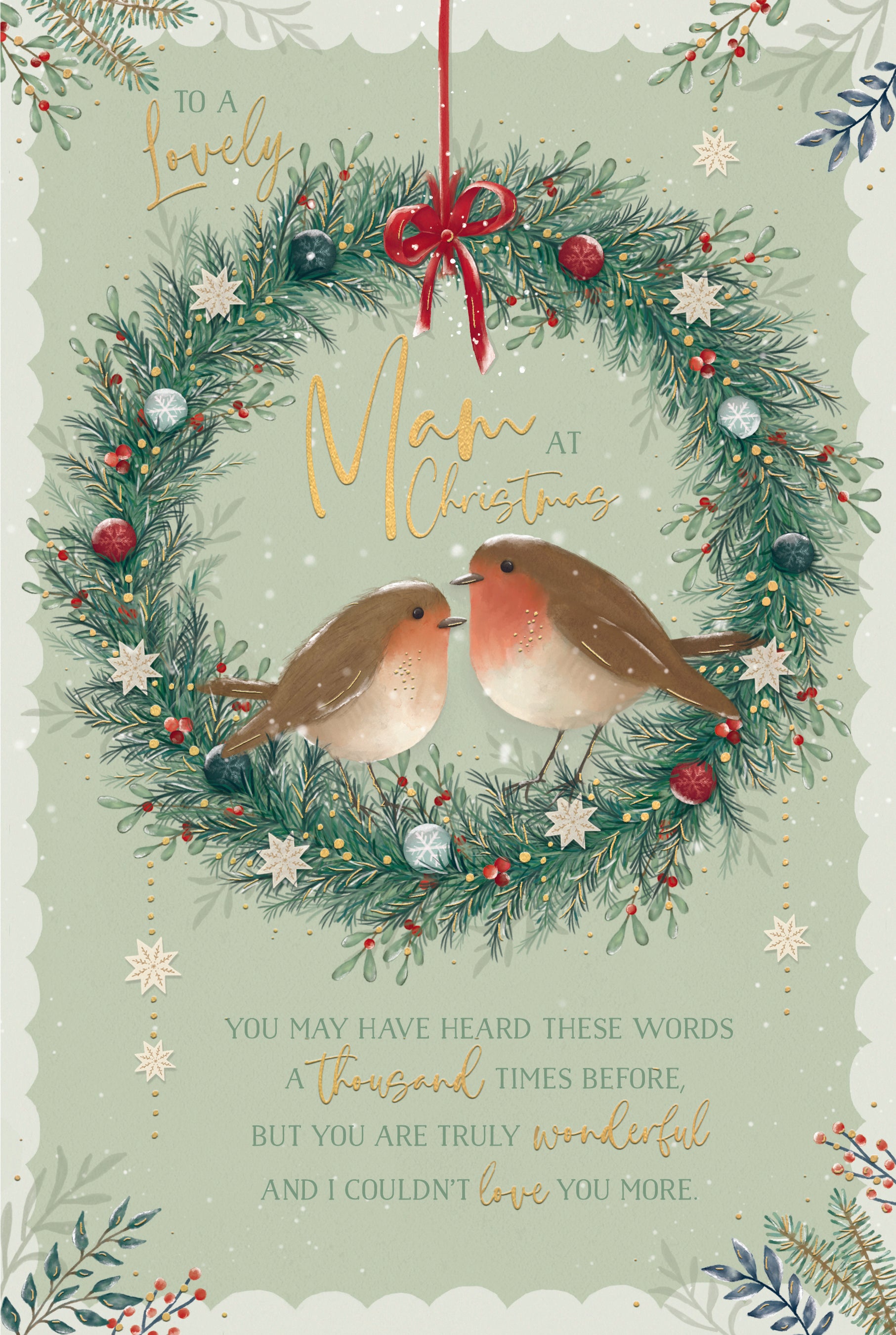 Mam Robins On A Wreath Christmas Card