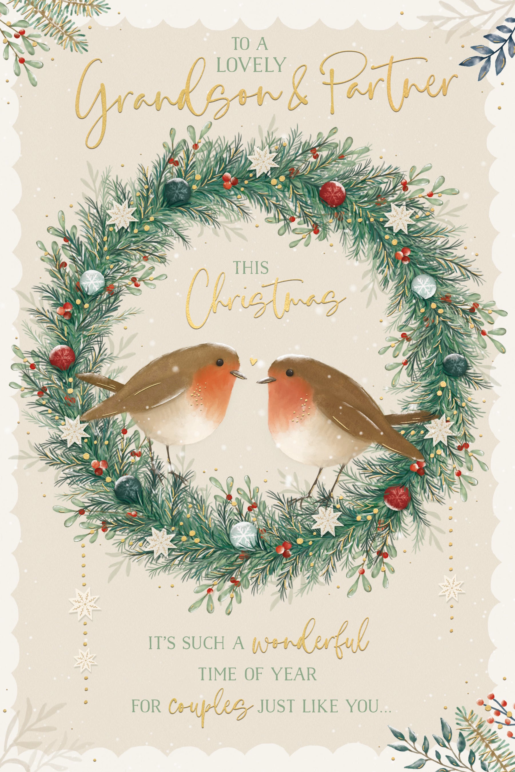 Grandson And Partner Christmas Card - Robins On A Wreath