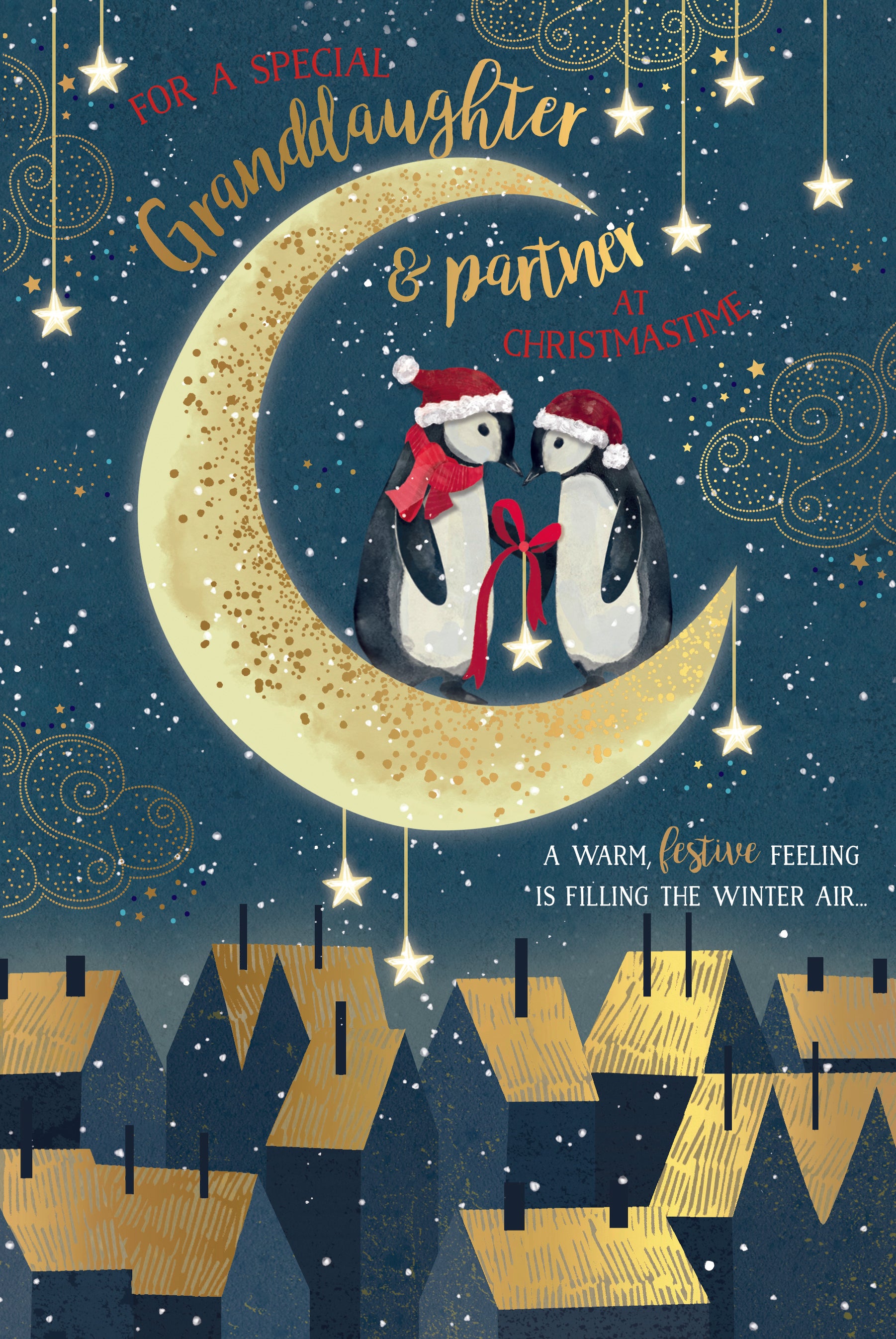 Granddaughter And Partner Christmas Card - Penguins Stood On Moon