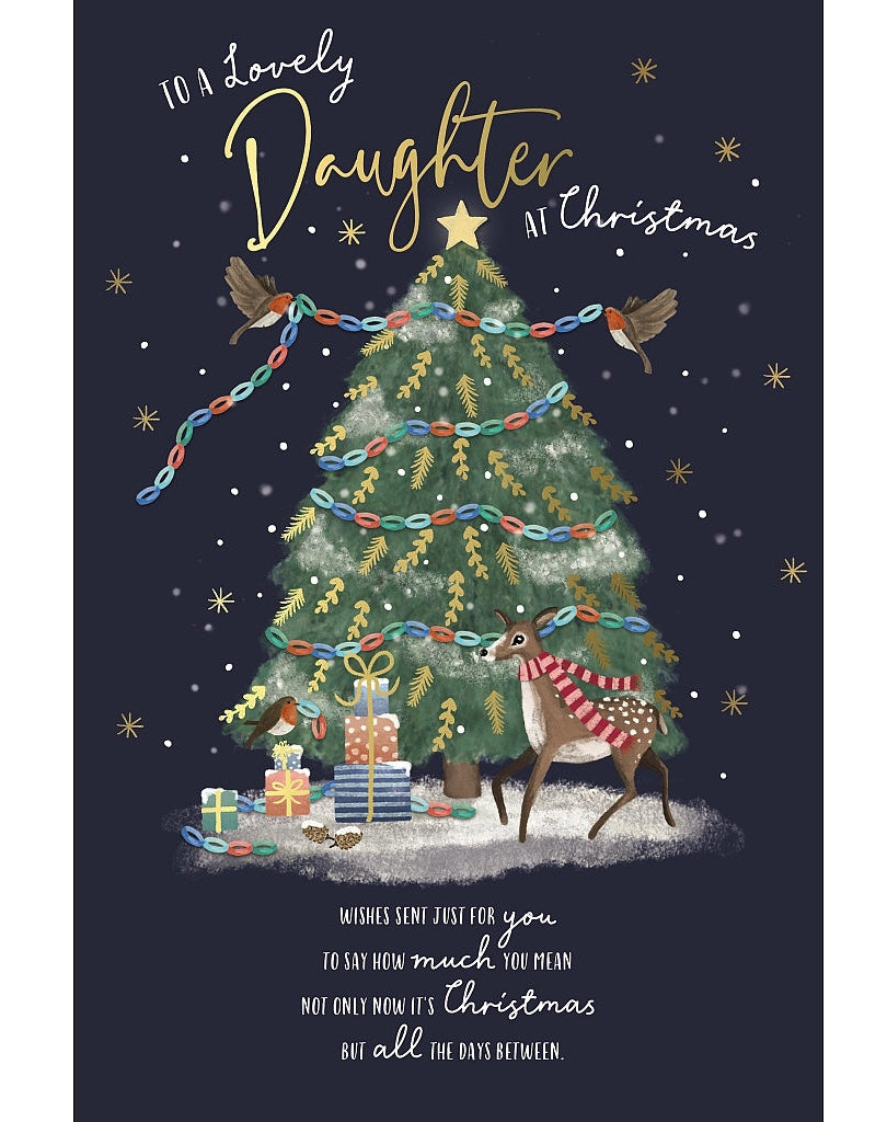 Daughter Christmas Card - Reindeer By Xmas Tree