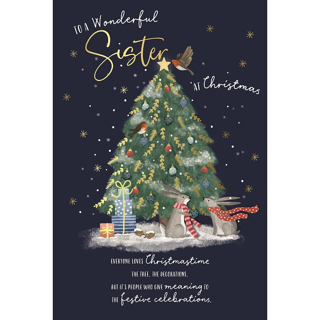 Sister Christmas Card - Bunnies By Xmas Tree