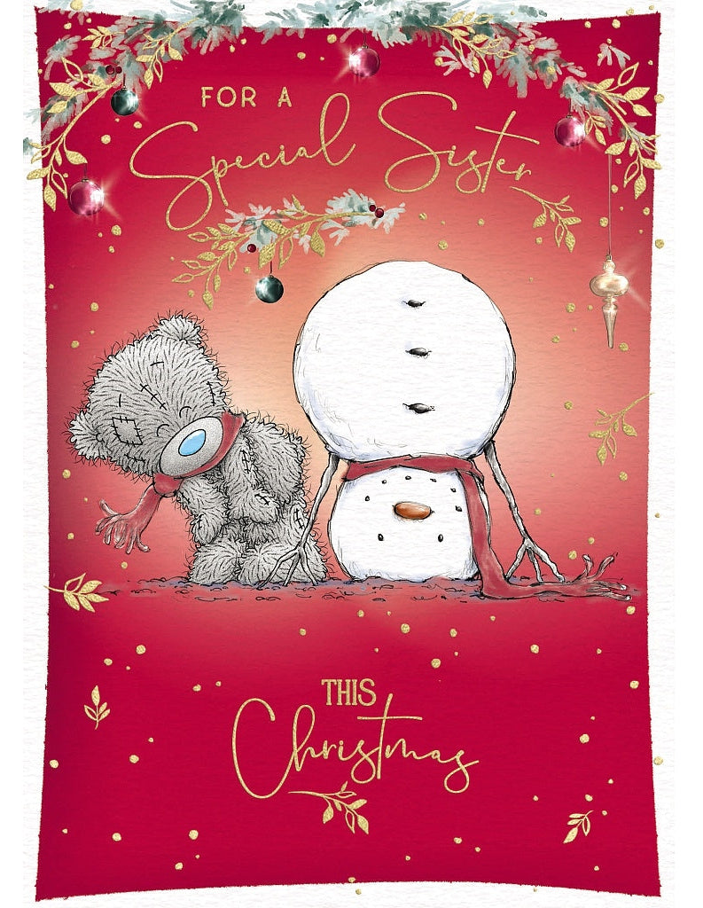 Sister Christmas Card - Bear Next To Snowman