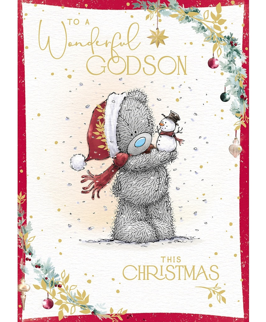 Godson Christmas Card - Bear Holding Little Snowman