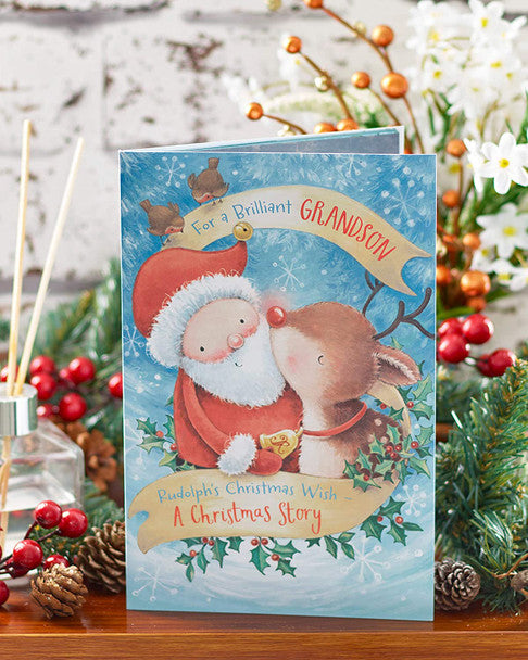 Grandson Christmas Card - Rudolph and Santa Storybook