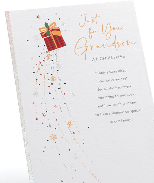 Large Grandson Christmas Card - Snowflakes & Shooting Present