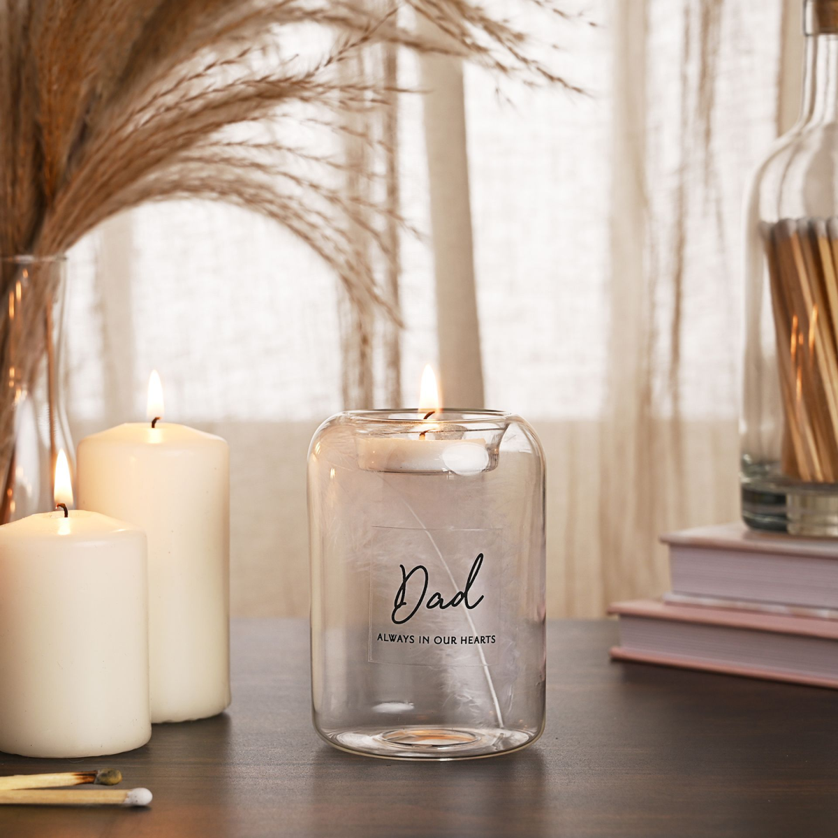 Thoughts of You Feather Glass Tea Light Holder - Dad