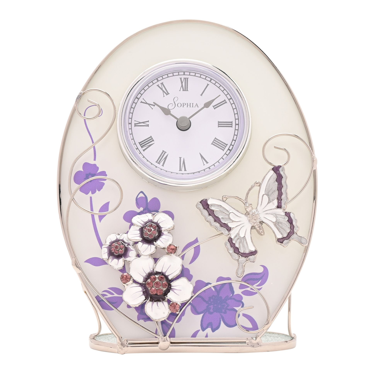 Glass Oval Clock Purple Butterfly/Flowers/Crystals