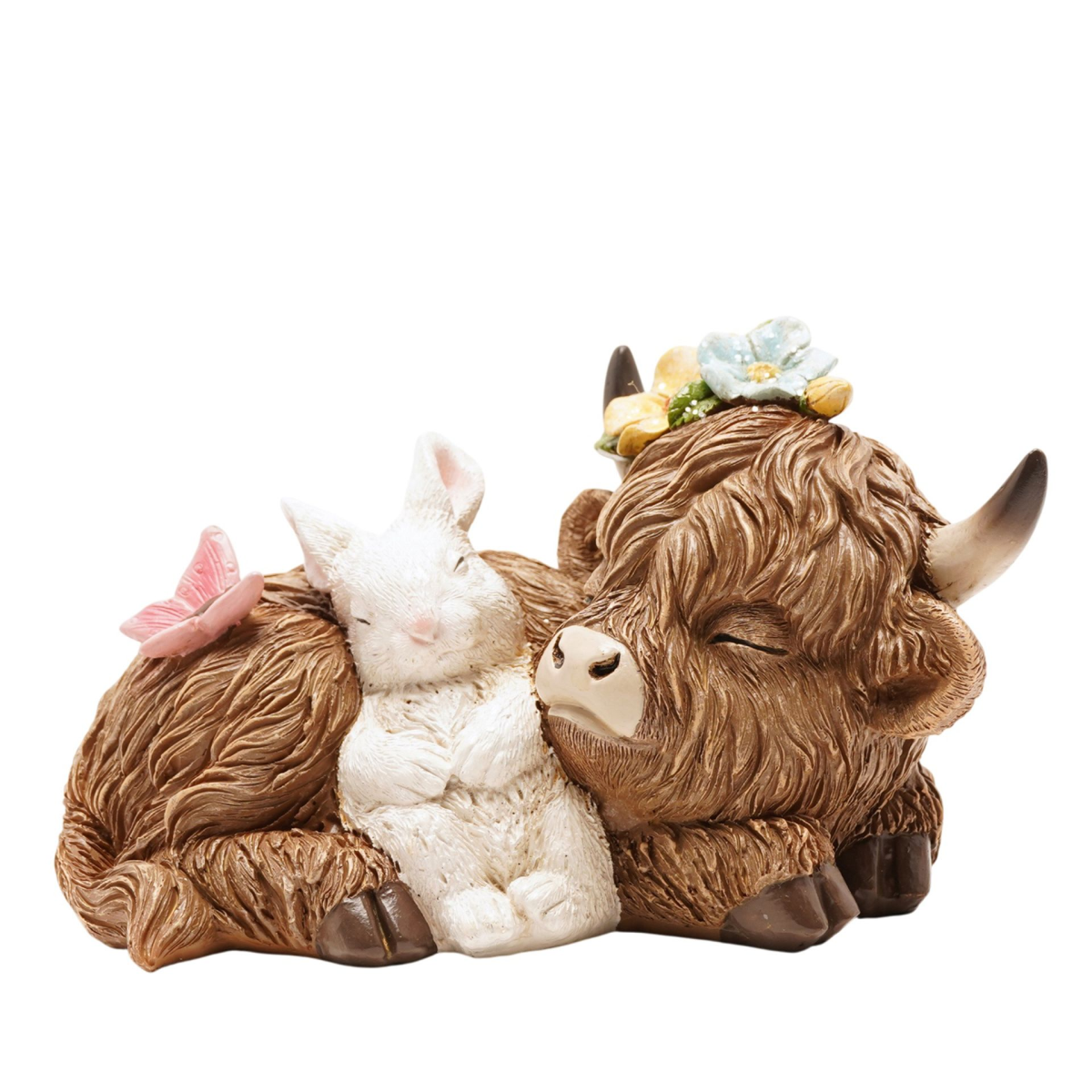 Country Living Sleeping Highland Cow With Spring Bunny