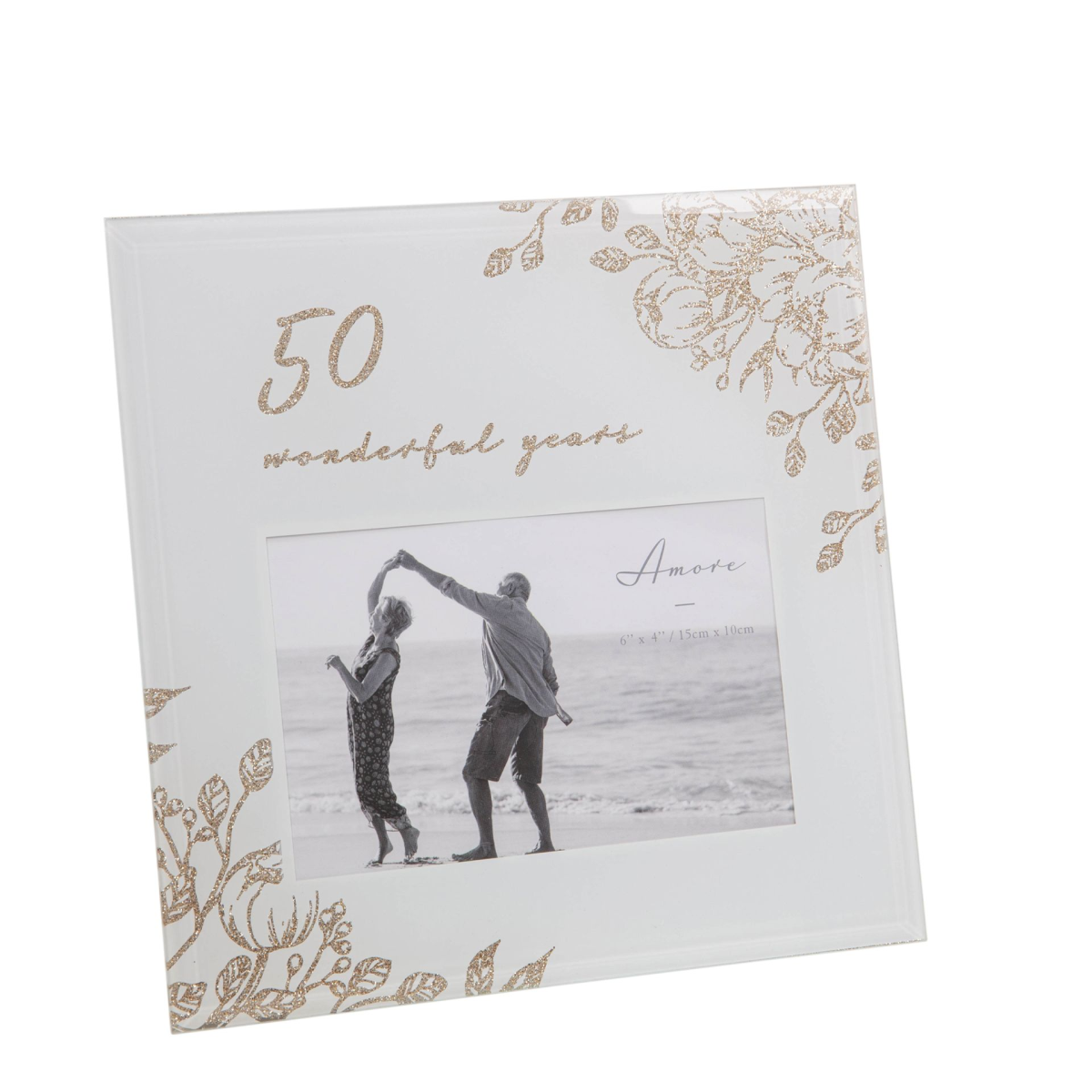 50 Wonderful Years Pale Grey Glass Gold Floral Frame 6" x 4"