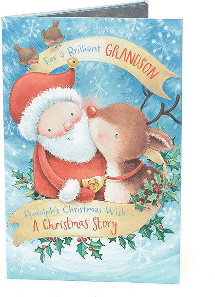 Grandson Christmas Card - Rudolph and Santa Storybook