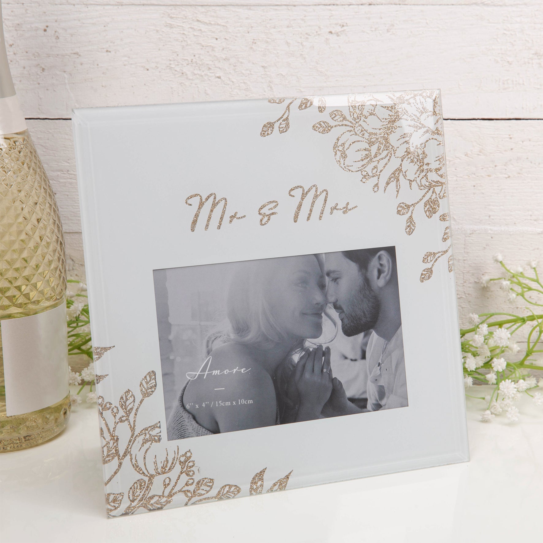 'Mr & Mrs' Pale Grey Glass Gold Floral Frame - 4" x 6" Photo Aperture