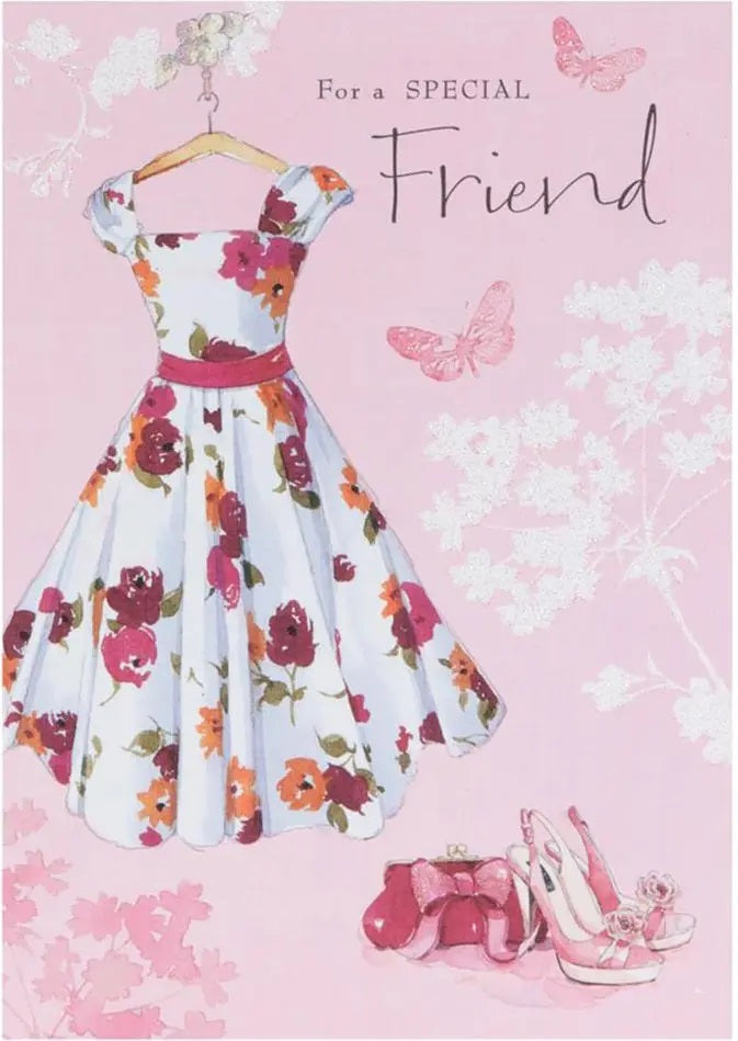 Friend Birthday Card - Floral Dress, Hand Bag And Stilletos