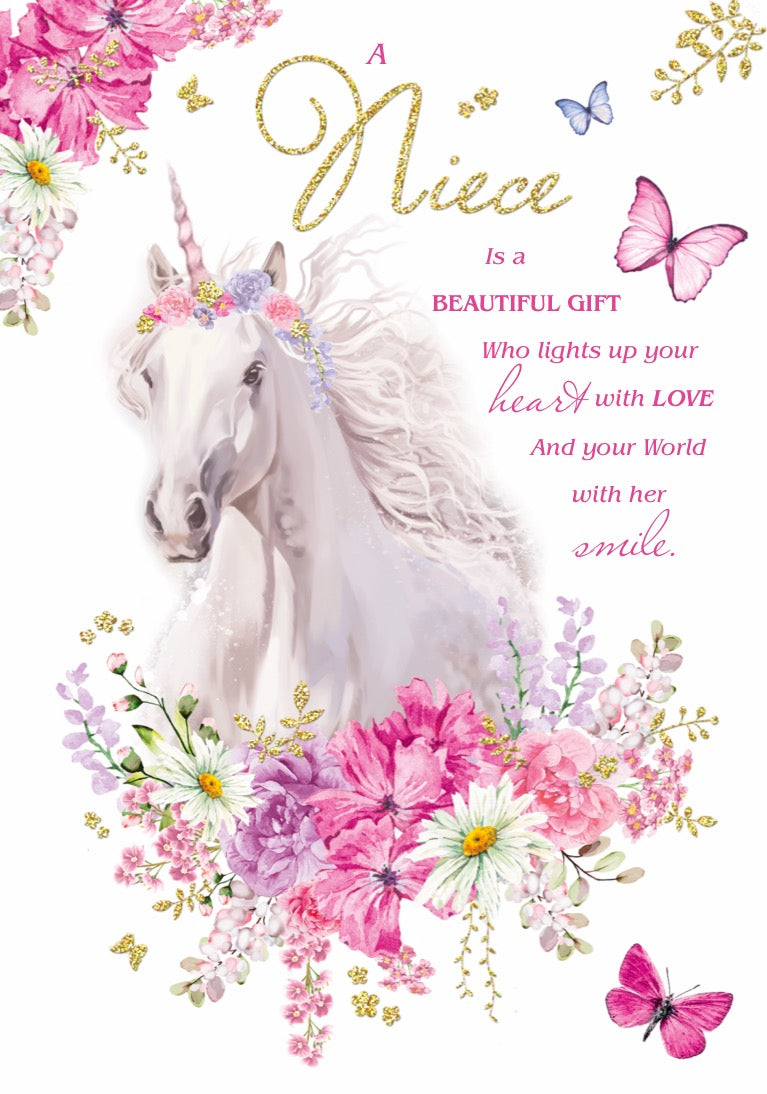 Niece Birthday Card - Unicorn And Flowers