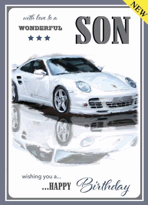 Son Birthday Card - A Powerful White Porsche